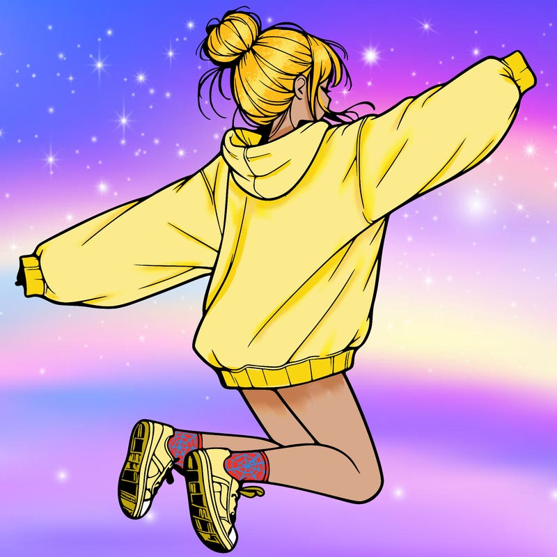 realistic girl jumping with a bun and oversized sweatshirt
