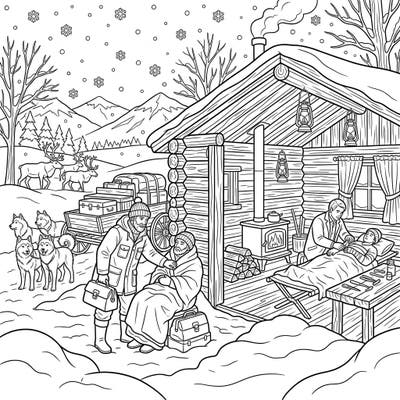 Journey back in time with this captivating coloring page featuring brave frontier doctors delivering essential medical care in a remote, snowy winter setting. Discover the resilience and compassion required in harsh conditions as you bring this historical scene to life with your colors.