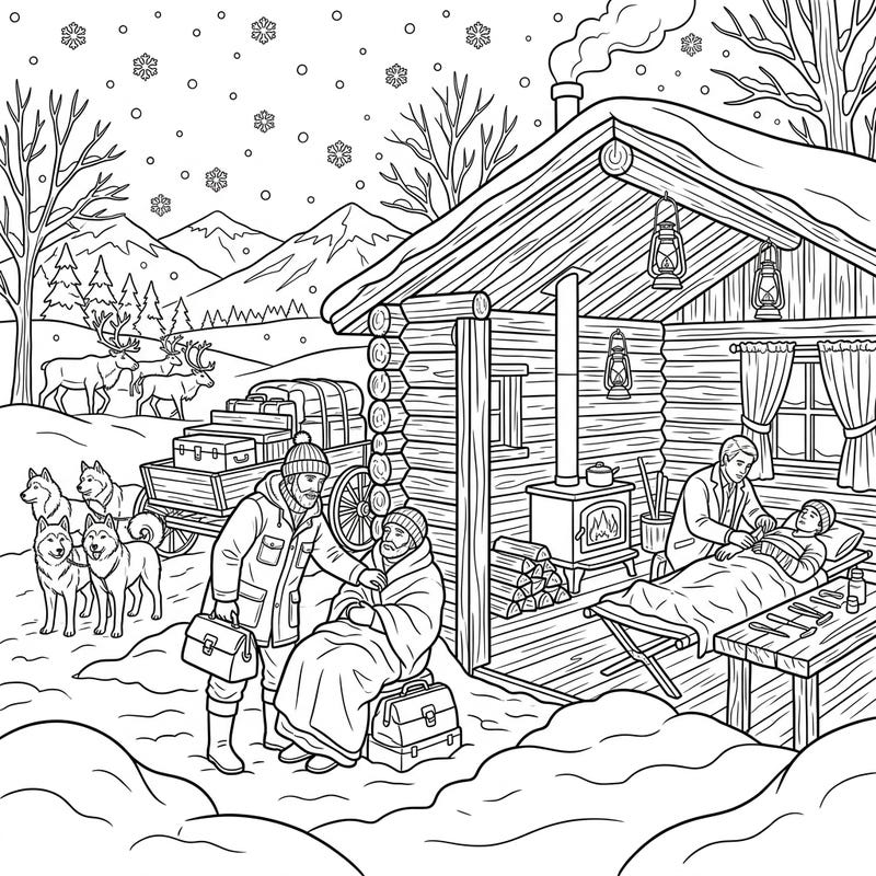 Journey back in time with this captivating coloring page featuring brave frontier doctors delivering essential medical care in a remote, snowy winter setting. Discover the resilience and compassion required in harsh conditions as you bring this historical scene to life with your colors.