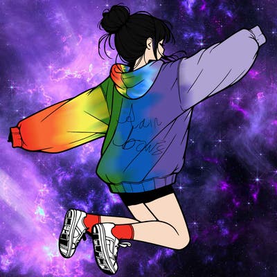 realistic girl jumping with a bun and oversized sweatshirt