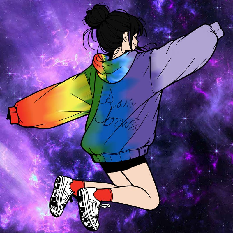 realistic girl jumping with a bun and oversized sweatshirt