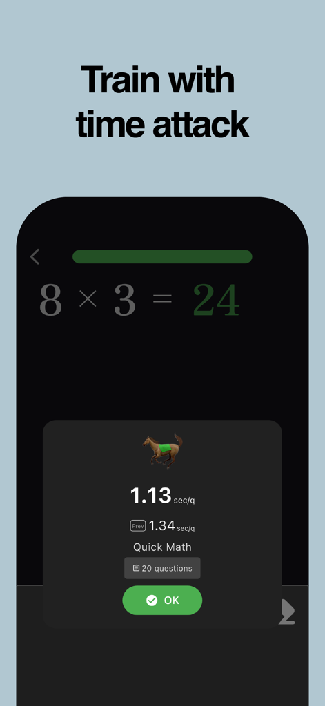BrainDojo: Brain Training Game - Captura de pantalla de la aplicación BrainDojo que muestra el resultado de velocidad de cálculo de matemáticas en modo ataque de tiempo.