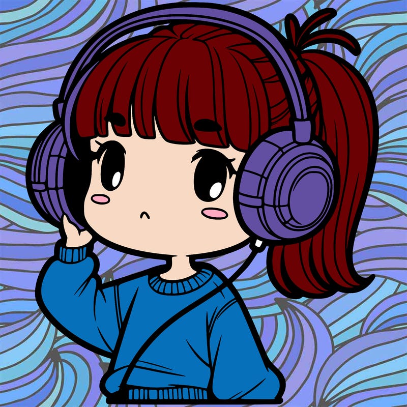 girl with short hair no bangs headphones and a sweatshirt