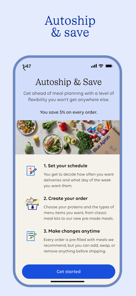 Blue Apron: Meal Kit Delivery - Blue Apron app screen explaining the three steps to set up Autoship and Save for meal deliveries