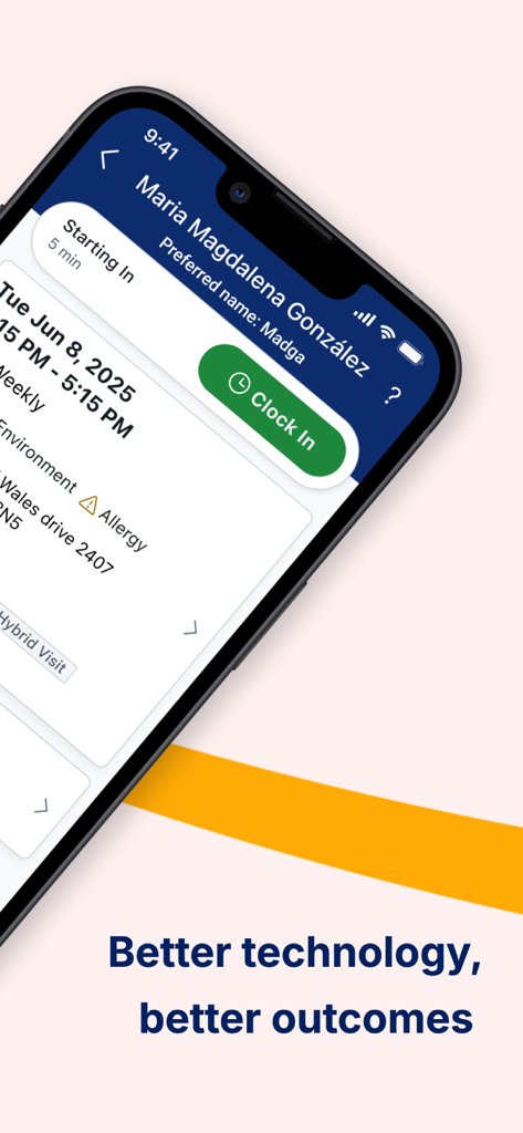 AlayaCare app interface showing a green clock in button and patient visit details on a smartphone