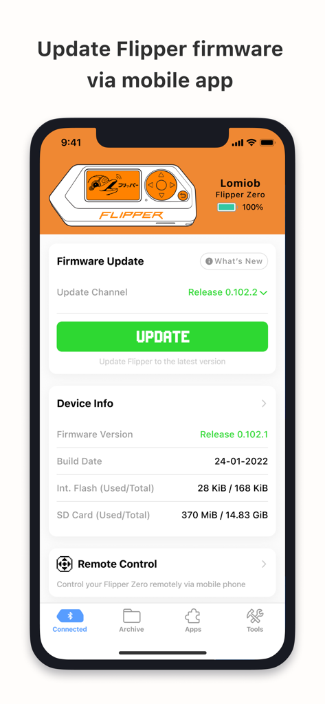 Flipper Mobile App interface showing the firmware update screen and device information for Flipper Zero.