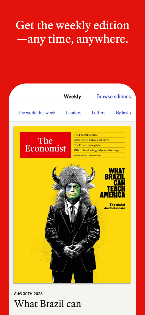 The Economist app displaying the weekly edition digital magazine cover with a global news headline.