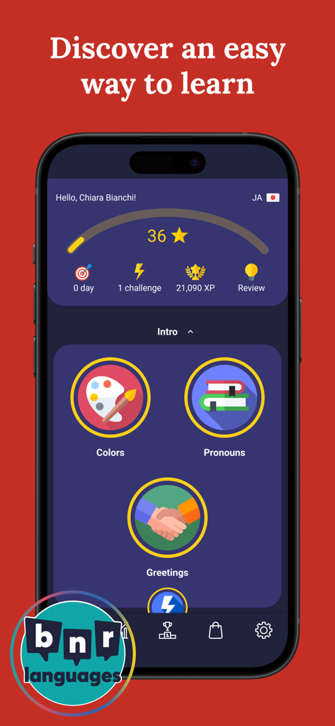 Learn Japanese (Beginners) - Interfaz de aplicación móvil para aprender japonés mostrando módulos de lecciones para colores, pronombres y saludos