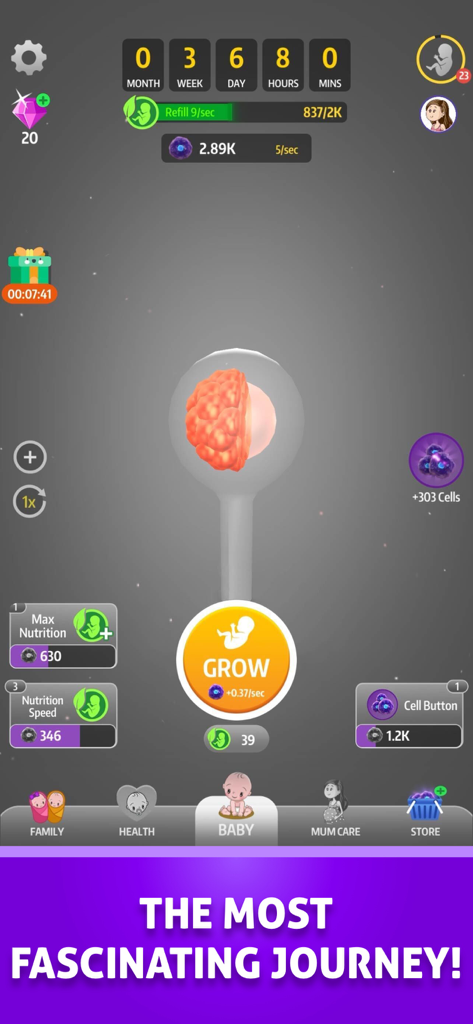 Gameplay screen of Idle 9 Months app showing early embryonic cell development and idle game mechanics.