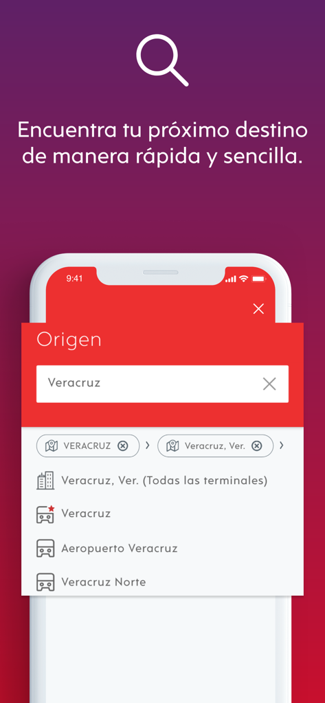 Écran de recherche des origines de billets de bus dans l'application ADO présentant les options de la gare routière de Veracruz