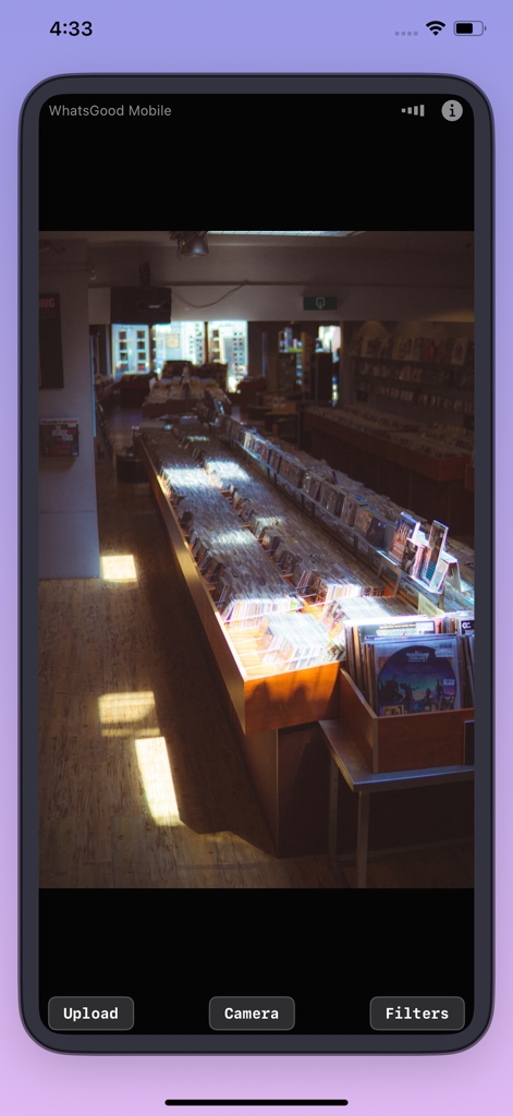 Screenshot of digital camera filter app with a vintage photo of a record store