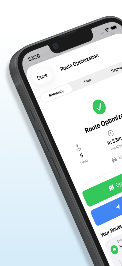 RouteGO - Route Planner - Mobile app screen for RouteGO showing a summary of an optimized route with 5 stops and a duration of one hour and thirty-three minutes.