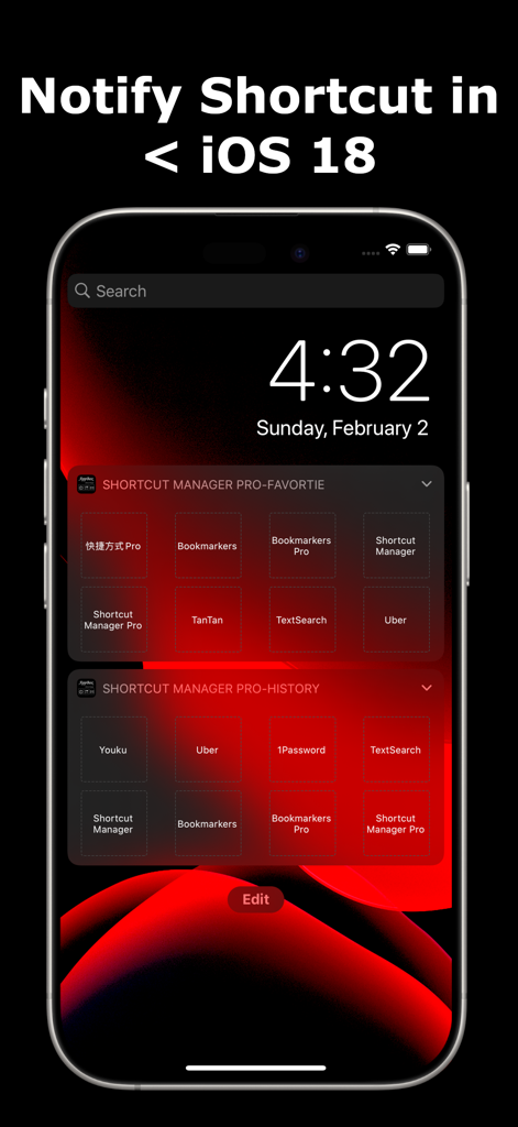 iPhone notification center showing Shortcut Manager Pro favorite and history widgets with various app shortcuts on a red background