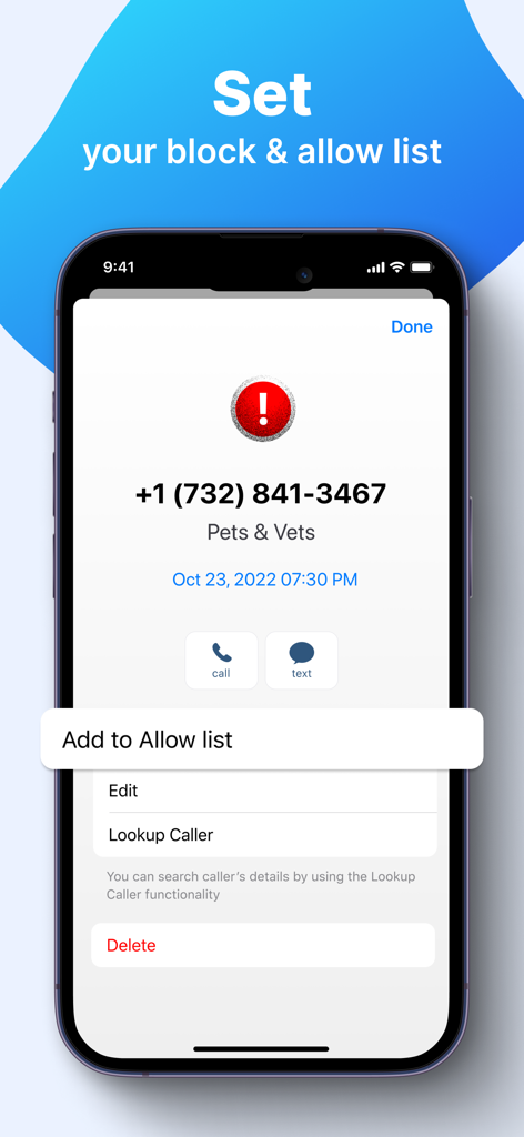 TrapCall app screen showing how to add a contact to the allow list