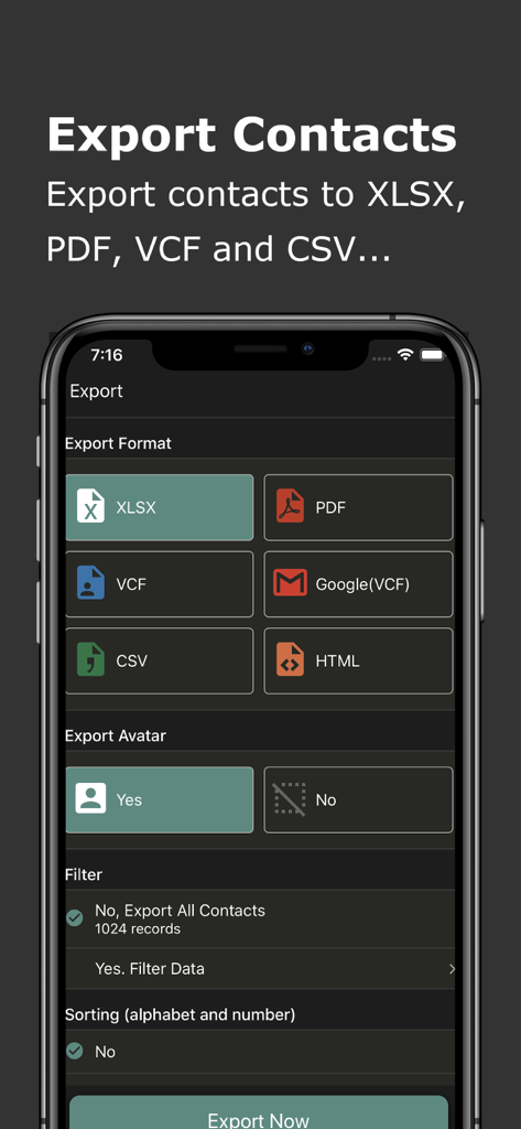 Export Contact to XLS PDF VCF - Interface for exporting phone contacts into formats like XLSX, PDF, and VCF