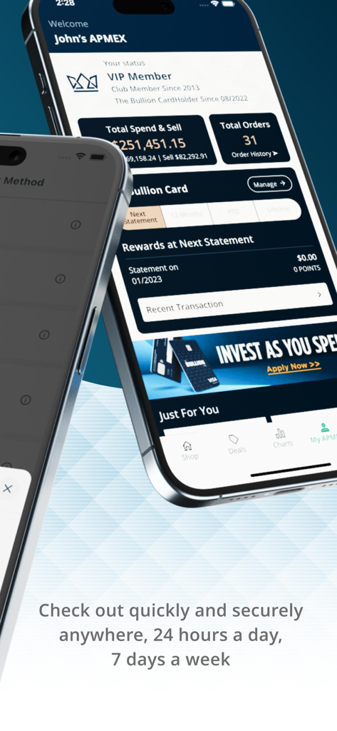 A screenshot of the APMEX mobile app showing a user's account summary, total spend, and member status.