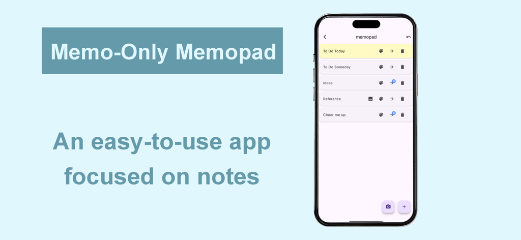 Memo-Only Memopad app interface showing a list of organized note categories on an iPhone