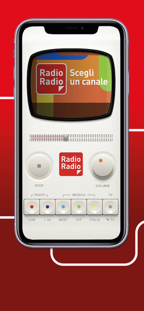 Schermata home dell'app Radio Radio che mostra la selezione dei canali con un'interfaccia radio retrò