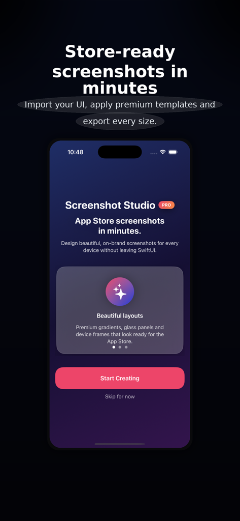 Screenshot Studio - Screenshot Studio app home screen featuring the tagline Store-ready screenshots in minutes and a Start Creating button