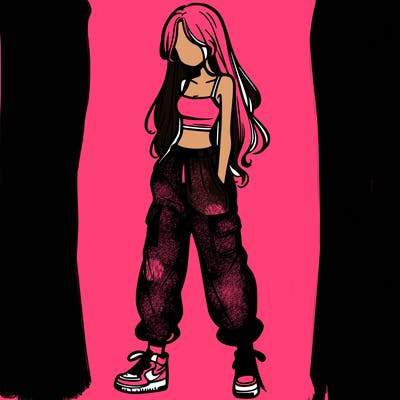 girl in baggy pants crop top and long hair