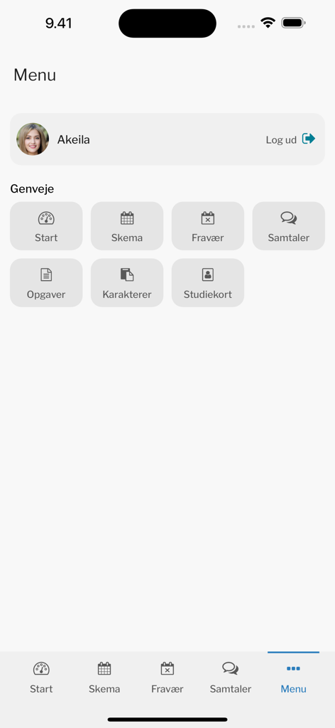Studie+ - Main menu screen of the Studie plus app featuring student shortcuts for schedule absence and digital id card