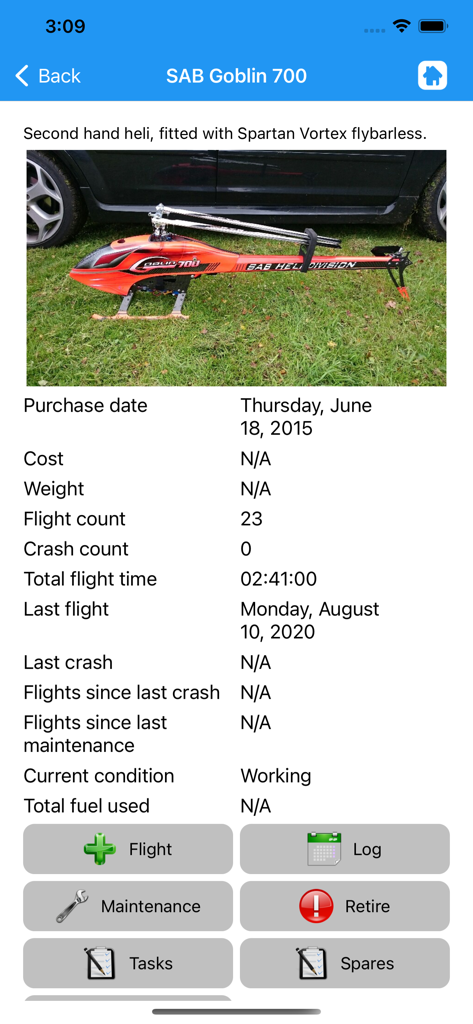 RC Flight and Battery Log - Detailed flight log and maintenance screen for an RC helicopter model showing stats and flight history