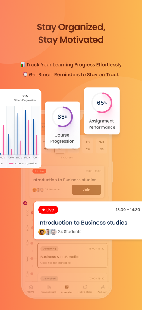 AU Online Learner App - A screenshot of the AU Online Learner App showing student progress metrics and upcoming live business classes.