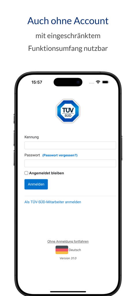 TÜV SÜD Verify - TÜV SÜD Verify mobile app login interface showing ID and password fields with a guest access option