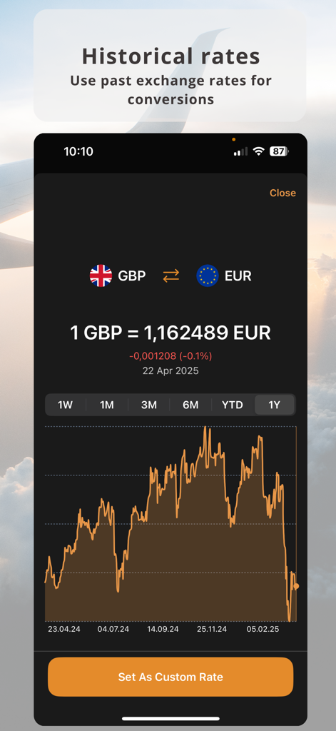 Historical exchange rate chart for GBP to EUR in the Currency Converter Plus app