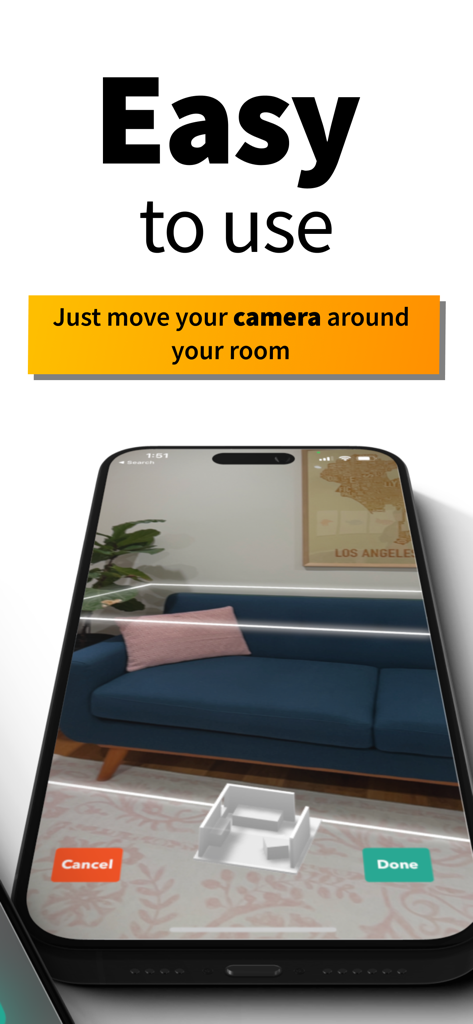 RoomPlan - Interior 3D Scanner - A smartphone displaying the RoomPlan app interface as it scans a living room with a blue sofa in real-time.