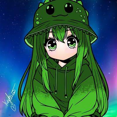 girl with anime shaped eyes with a dinosaur bucket hat oversized sweatshirt long straight hair