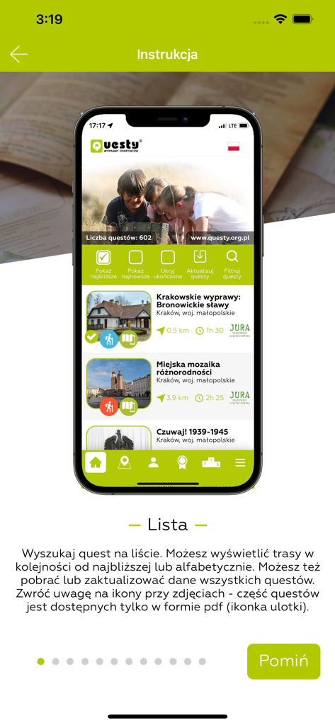 QUESTY - Wyprawy Odkrywców - Ein Mobiltelefonbildschirm zeigt eine Liste von Schnitzeljagd-Quests in der Questy-App mit Ortsangaben und Aktivitätsdauer.