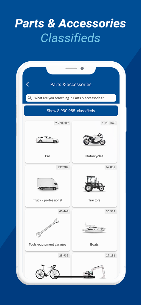 Car.gr - Interfaccia dell'app Car.gr che mostra categorie di annunci per ricambi auto, motociclette e attrezzature professionali