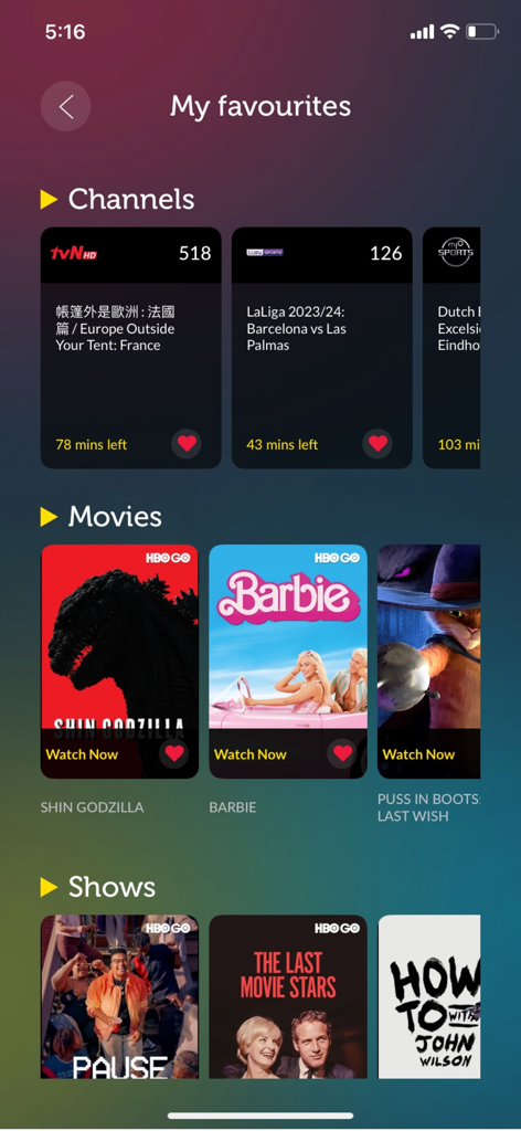 Singtel Cast mobile app showing a list of favorite channels and movies including titles from HBO GO and sports networks