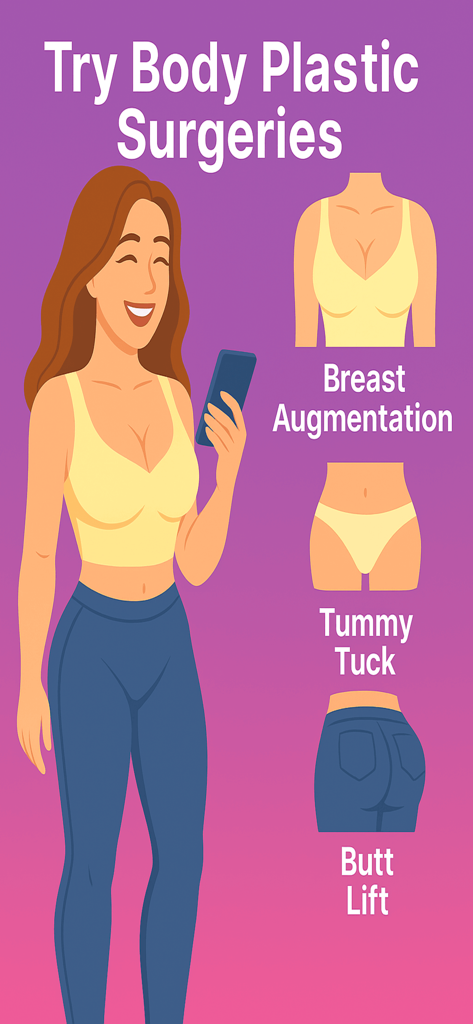 Pody Plastic Surgery Simulator - Graphic showing Pody app options for breast augmentation tummy tuck and butt lift simulations