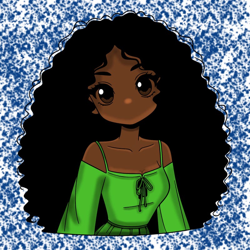 a black anime girl with long afro hair