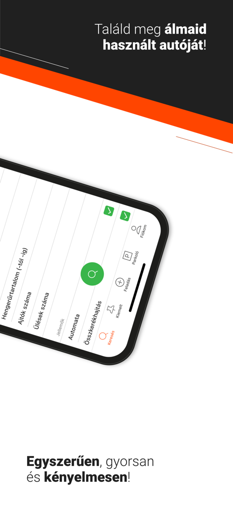 Használtautó - Schermata di ricerca dell'app mobile Hasznaltauto che mostra filtri auto e menu di navigazione in ungherese