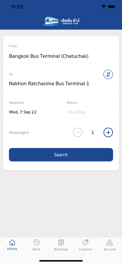 Home screen of Cherdchai Tour app showing a search interface to book bus and minibus tickets in Thailand