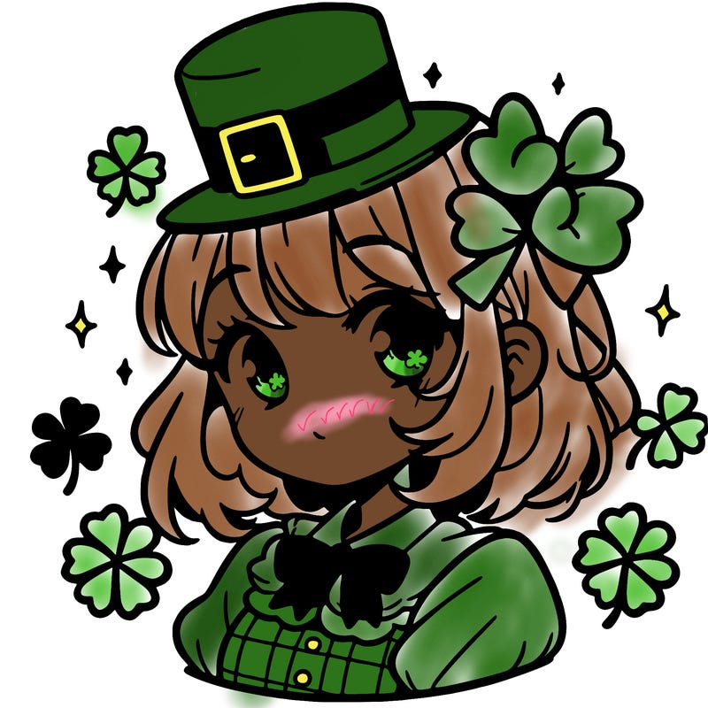 a manga-style girl with clovers around her, a little hat in her hair, like it's saint patrick's day