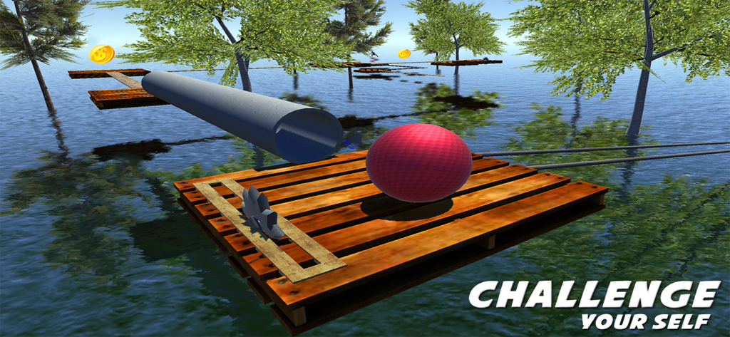 Balance The Crazy Ball - A red ball balances on a wooden platform with a saw blade obstacle over a vast body of water.