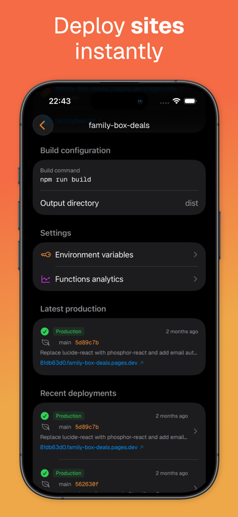 Interface of the Clouder app showing Cloudflare Pages build configuration and a history of recent site deployments.