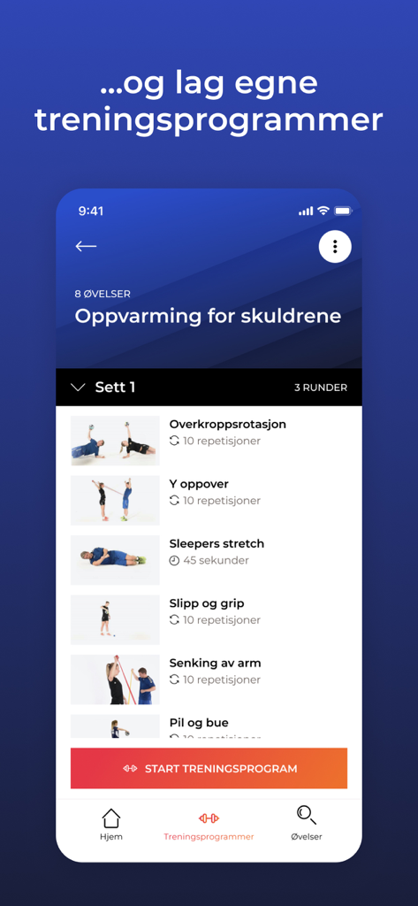 Skadefri - Screenshot of the Skadefri app displaying a list of shoulder warm-up exercises including rotations and stretches for injury prevention