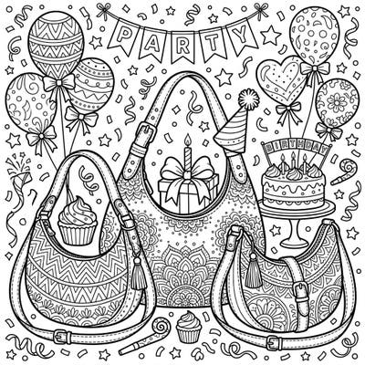 Unleash your creativity with this delightful coloring page featuring stylish hobo bags celebrating a birthday. Adorned with intricate patterns and surrounded by festive party elements, it's perfect for a joyful coloring experience.