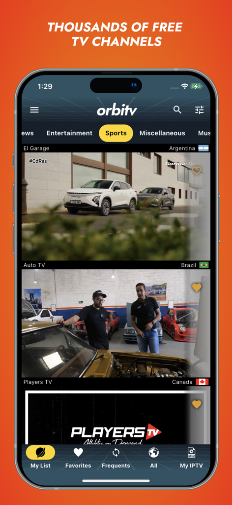 Interfaccia dell'app Orbitv che mostra un elenco di canali TV sportivi internazionali gratuiti su uno schermo mobile.