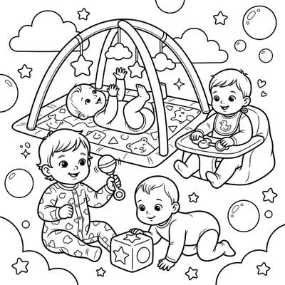 Dive into a world of cuteness with this delightful coloring page featuring four happy babies engaging in various playtime activities. From crawling to playing with rattles, this scene captures the innocent joy of infancy, ready for your creative touch.