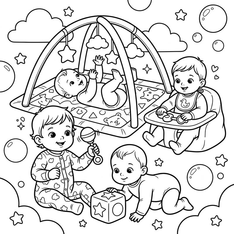 Dive into a world of cuteness with this delightful coloring page featuring four happy babies engaging in various playtime activities. From crawling to playing with rattles, this scene captures the innocent joy of infancy, ready for your creative touch.