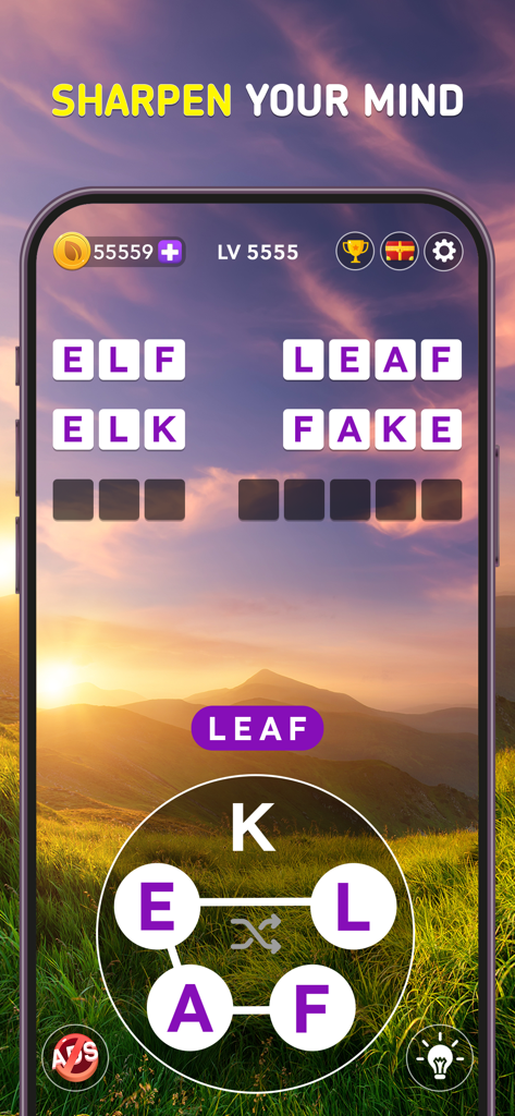 Word Tour: Trip Puzzle Game - Word Tour mobile game interface with a crossword puzzle over a scenic sunset landscape