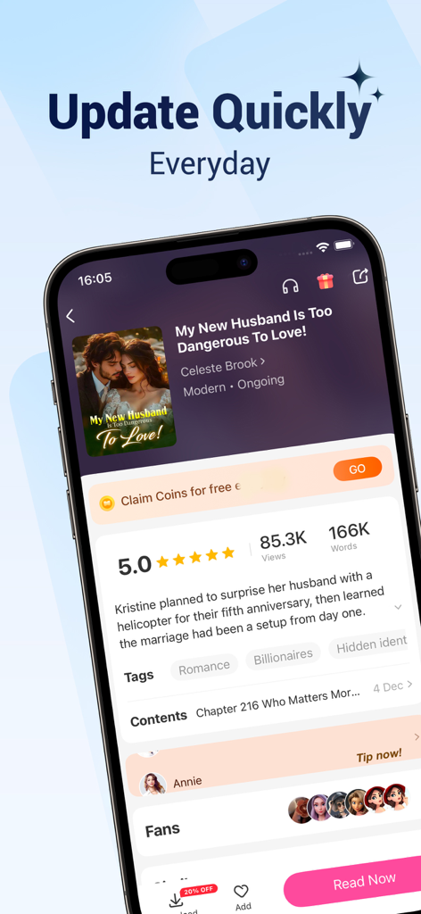 Oberfläche der MoboReader-App, die eine Romanseite mit Tags für Milliardär und versteckte Identität zeigt