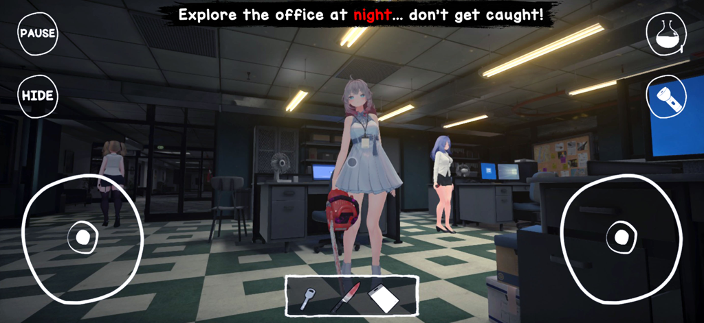 Yandere Horror Game - Chica de anime sosteniendo una motosierra en una oficina oscura durante una secuencia de sigilo.