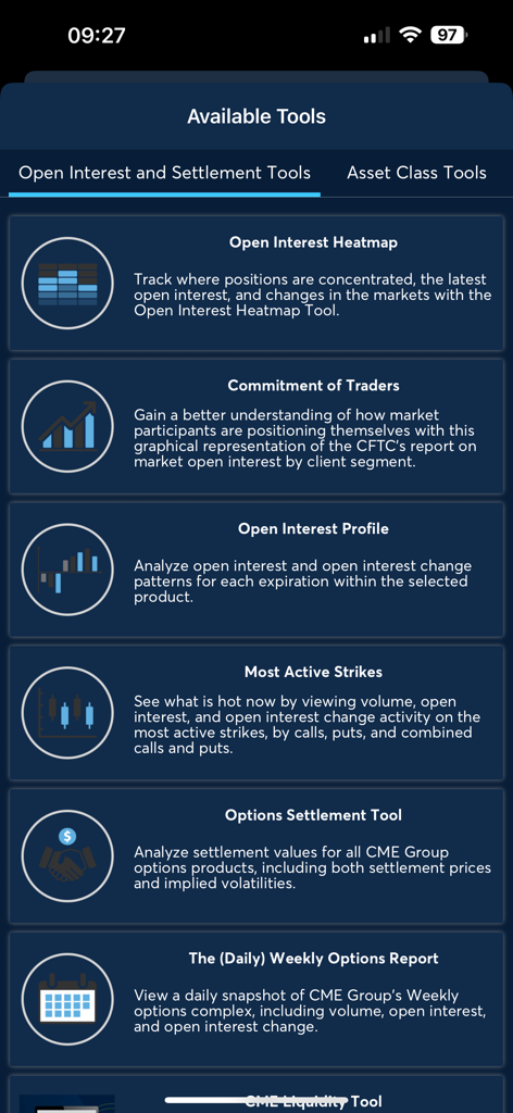CME Group Mobile - A menu of open interest and settlement tools in the CME Group Mobile app interface